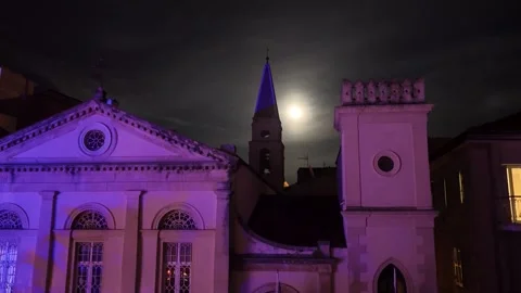 Catholic Cathedral of St James and St Christopher at Night in Corfu Old Town Stock Footage 328193751