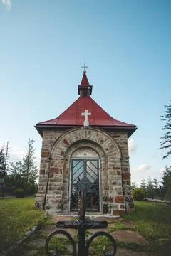 Catholic chapel on the top of a mountain in the eastern part of Beskydy mount Stock Photos