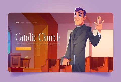 Catholic church banner with pastor in cathedral Stock Illustration