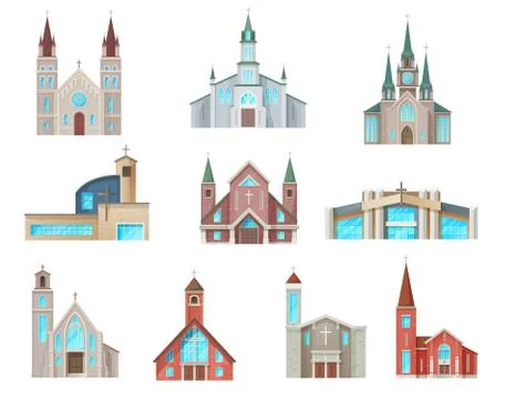 Catholic church buildings isolated vector icons Stock Illustration