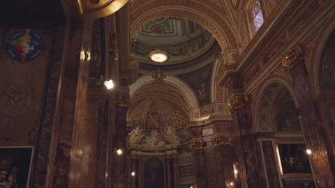 Catholic Church Interior with Marble Columns and Gilded Dome, Italy Stock Footage 341127943
