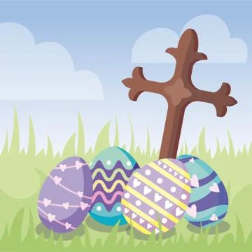 Catholic cross with cute easter eggs, colorful design Stock Illustration