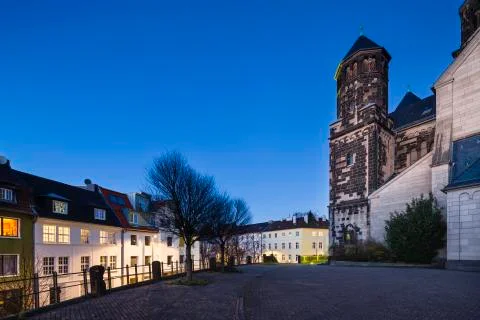 The catholic Herz-Jesu church in Aachen Burtscheid, Germany with night blue s Stock Photos