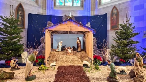 Catholic nativity scene inside church Stock Footage 340601034