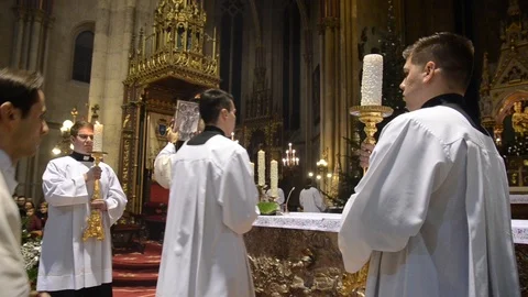 Catholic priests perform the Midnight Mass at Cathedral Stock Footage