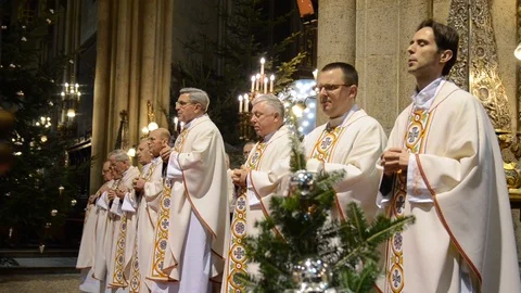 Catholic priests perform the Midnight Mass at Cathedral. Religion Video stock 100600819