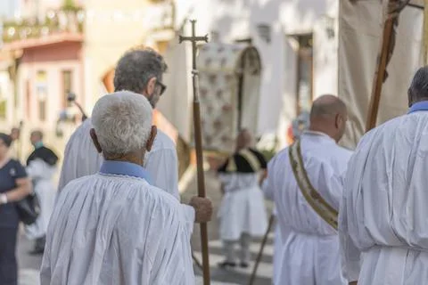 Catholic procession with white clothes Stock Photos