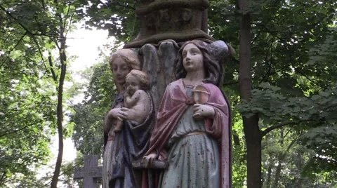 Catholic statue in the cemetery Stock Footage 59869049