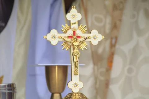 Catholics father  praying cross close up Stock Photos