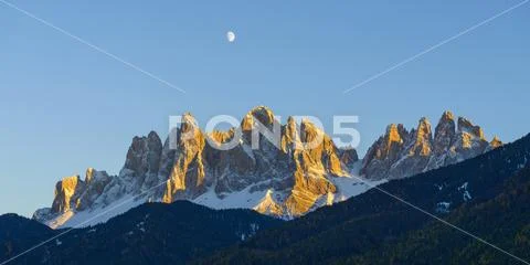 Catinaccio, Rosengarten, at Dusk with Moon, Saint Magdalena, Val di Funes, Do Stock Photos
