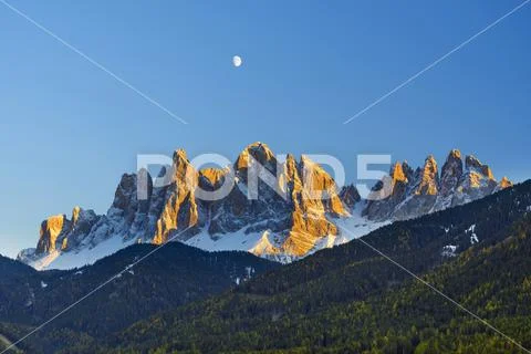 Catinaccio, Rosengarten, at Dusk with Moon, Saint Magdalena, Val di Funes, Do Stock Photos