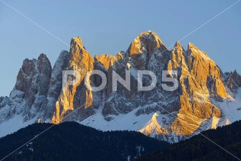 Catinaccio, Rosengarten, at Dusk with Moon, Saint Magdalena, Val di Funes, Do Stock Photos