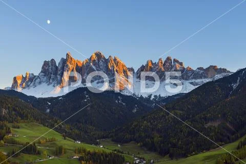 Catinaccio, Rosengarten, at Dusk with Moon, Saint Magdalena, Val di Funes, Do Stock Photos