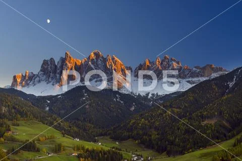 Catinaccio, Rosengarten, at Dusk with Moon, Saint Magdalena, Val di Funes, Do Stock Photos