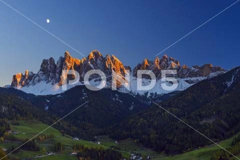 Catinaccio, Rosengarten, at Dusk with Moon, Saint Magdalena, Val di Funes, Do Stock Photos