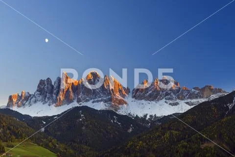 Catinaccio, Rosengarten, at Dusk with Moon, Saint Magdalena, Val di Funes, Do Stock Photos