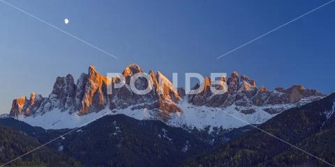Catinaccio, Rosengarten, at Dusk with Moon, Saint Magdalena, Val di Funes, Do Stock Photos