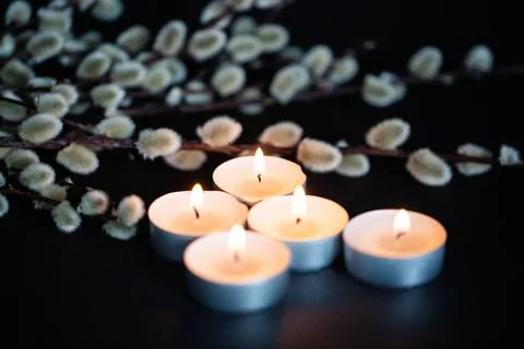 Catkins with candles, easter background Stock Photos