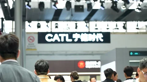 CATL exhibition booth at Beijing Auto China event featuring battery technology Stock Footage 334998915