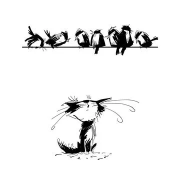 Cats and birds share an amusing moment on a sunny day at the park Ilustração Stock
