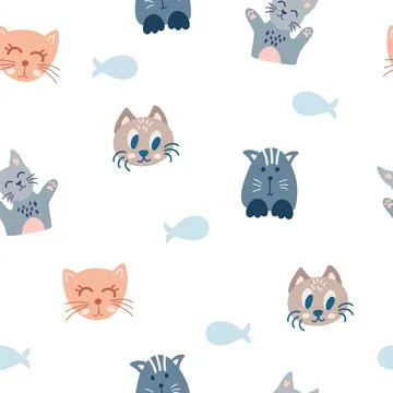 Cats and fish seamless pattern. Cute kitten faces and fish skeleton. Creative Stock Illustration