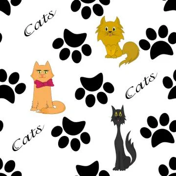 Cats and paws,futprints seamless pattern Stock Illustration