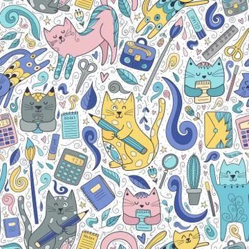 Cats and pens seamless pattern. Funny school background Stock Illustration