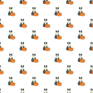 Cats and pumpkins repeat seamless halloween pattern Stock Illustration