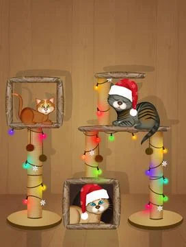 Cats and the scratching post decorated for Christmas Stock Illustration