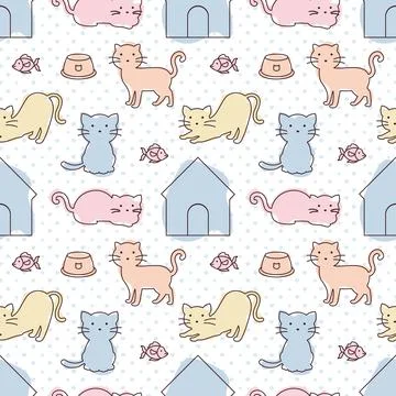 Cats Animals Seamless Pattern Design with Cat Element in Template Hand Draw.. Stock Illustration