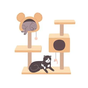The cats are resting in the cat tower. Luxurious yellow pet house. Cat tree with Stock Illustration