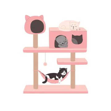 The cats are resting in the cat tower. Cat tree with a scratching post and a Stock Illustration