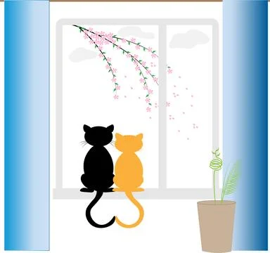 Cats are waiting for spring. A black cat and a red-haired kitty are sitting o Stock Illustration