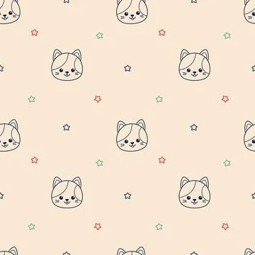Cats on beige seamless pattern. Cute outline kittens. Cartoon, vector Stock Illustration