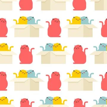 Cats in box Pattern seamless. Pet in cardboard box Background. House for ca.. Stock Illustration