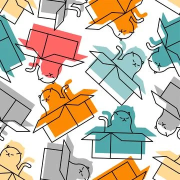 Cats in box Pattern seamless. Pet in cardboard box Background. House for ca.. Stock Illustration