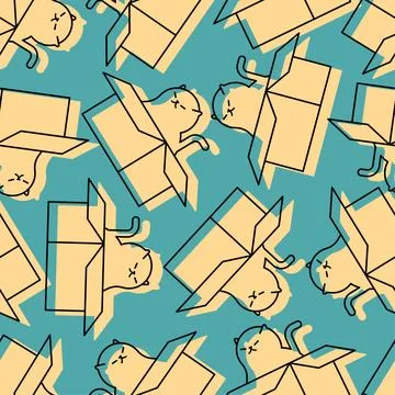 Cats in box Pattern seamless. Pet in cardboard box Background. House for ca.. Stock Illustration