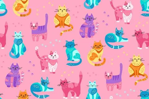 Cats childish endless pattern cute cartoon kitten repeat wallpaper seamless Illustrazione stock
