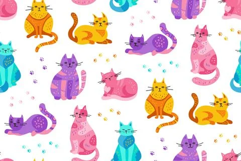 Cats childish endless pattern cute cartoon kitten repeat wallpaper seamless 스톡 일러스트