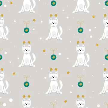 Cats christmas drawn seamless pattern Stock Illustration