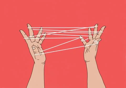 Cat's cradle - crisscross string between two hands on bright red background Stock Illustration