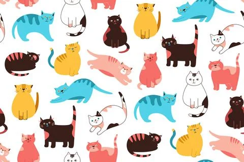 Cats doodle cartoon seamless pattern kitty different poses boundless wallpaper Stock Illustration