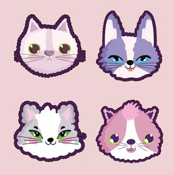 Cats faces animals cartoon character pet stickers Stock Illustration