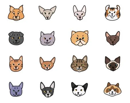 Cats faces breeds vector set contour sketch isolated illustration. Stock Illustration
