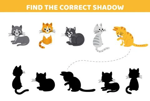 Cats. Find the correct shadow. Shadow matching game. Cartoon, vector Stock Illustration