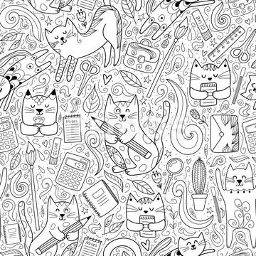 Cats Go To School Funny Seamless Pattern. Coloring Page