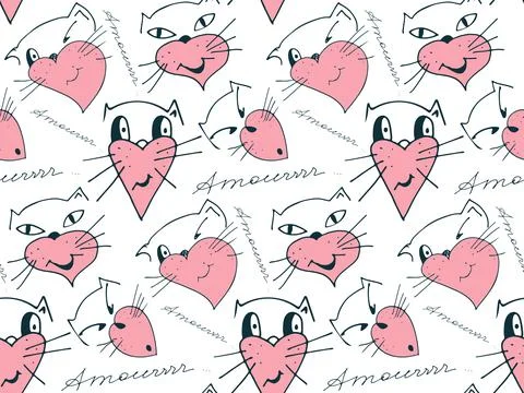 Cats in love vector seamless pattern. Comic cartoon hand drawn doodle style 스톡 일러스트