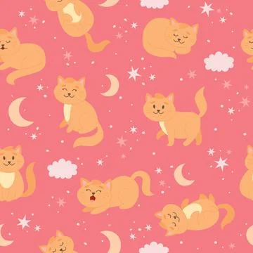Cats pattern with moon, stars and clouds. Cute ginger cat character in cartoon 스톡 일러스트
