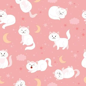 Cats pattern with moon, stars and clouds. Cute white cat character in cartoon Stockillustratie