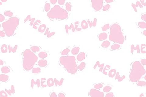 Cats paw seamless pattern, MEOW quote. White and pink cats and kittens footprint Stock Illustration